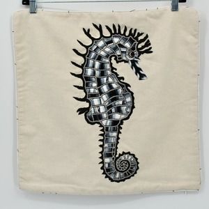 Pyar & Co Embroidered Seahorse Pillow Cover Square Blue Sequins Beaded Linen